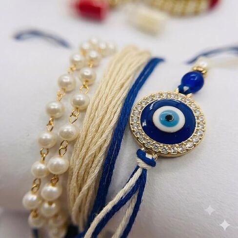 Handmade Designer Evil Eye Couple Rakhi Gift Set | Premium Raksha Bandhan Gift Combo for Bhai & Bhabhi Includes Roli Kumkum & Chawal | Designer Rakhi Set for Brother, Sister & Sister-in-law in Saudi Arabia