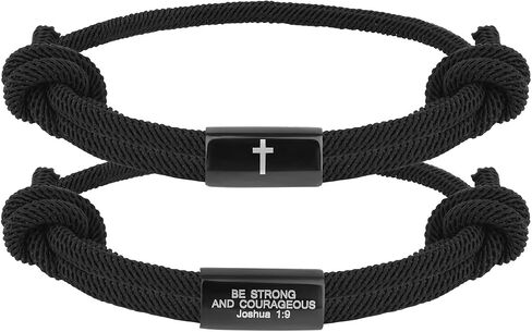 2pcs Cross Bible Verse Bracelet for Men, Black Joshua 1:9 Christian God Jesus Wwjd Bracelet Braided Rope Adjustable Religious Jewelry Accessories for Prayer Baptism Confirmation Birthday Gifts in Kuwait