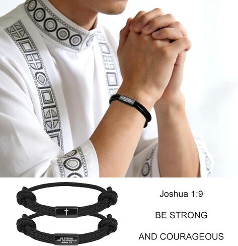 2pcs Cross Bible Verse Bracelet for Men, Black Joshua 1:9 Christian God Jesus Wwjd Bracelet Braided Rope Adjustable Religious Jewelry Accessories for Prayer Baptism Confirmation Birthday Gifts in Kuwait