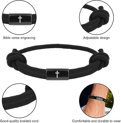 2pcs Cross Bible Verse Bracelet for Men, Black Joshua 1:9 Christian God Jesus Wwjd Bracelet Braided Rope Adjustable Religious Jewelry Accessories for Prayer Baptism Confirmation Birthday Gifts in Kuwait