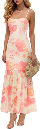 LYANER Women's Floral Mesh Spaghetti Strap Bodycon Wedding Guest Long Dress in Kuwait