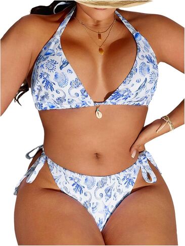 WDIRARA Women's Plus Size 2 Piece Swimsuit Starfish Print Halter String Bikini Set Tie Side Bathing Suits in Kuwait