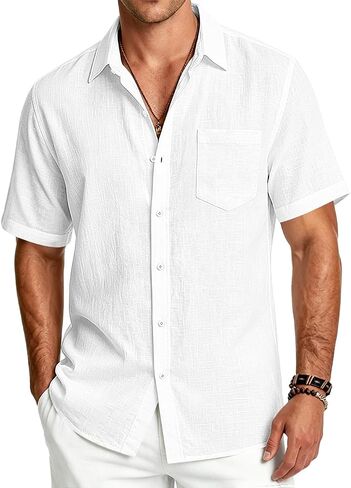 Men's Linen Shirts Short Sleeve Casual Button Down Shirts Summer Beach Tops with Pocket in Kuwait