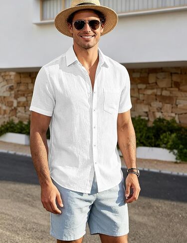 Men's Linen Shirts Short Sleeve Casual Button Down Shirts Summer Beach Tops with Pocket in Kuwait