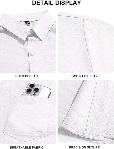 Men's Linen Shirts Short Sleeve Casual Button Down Shirts Summer Beach Tops with Pocket in Kuwait