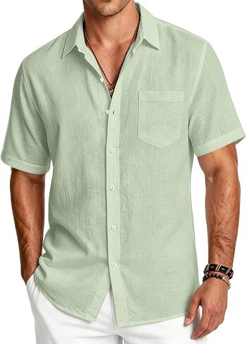 Men's Linen Shirts Short Sleeve Casual Button Down Shirts Summer Beach Tops with Pocket in Kuwait