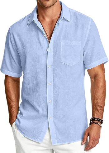 Men's Linen Shirts Short Sleeve Casual Button Down Shirts Summer Beach Tops with Pocket in Kuwait