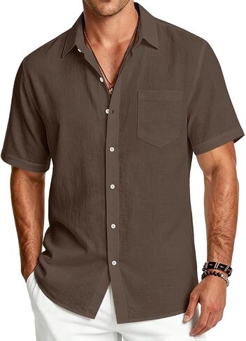 Men's Linen Shirts Short Sleeve Casual Button Down Shirts Summer Beach Tops with Pocket in Kuwait
