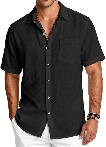 Men's Linen Shirts Short Sleeve Casual Button Down Shirts Summer Beach Tops with Pocket in Kuwait