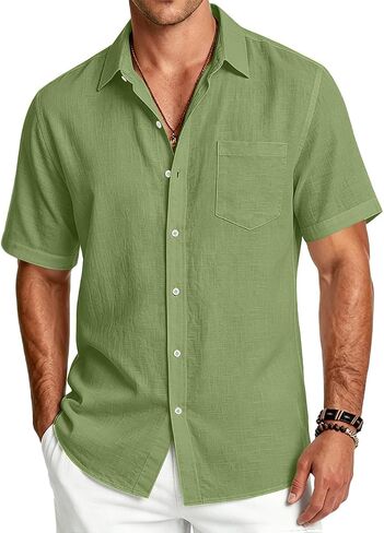 Men's Linen Shirts Short Sleeve Casual Button Down Shirts Summer Beach Tops with Pocket in Kuwait