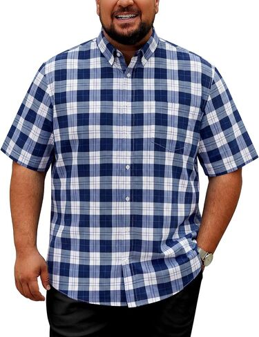 COOFANDY Mens Big and Tall Shirts Short Sleeve Casual Button Down Plaid Shirt Wrinkle Free Dress Shirt with Pocket in Saudi Arabia