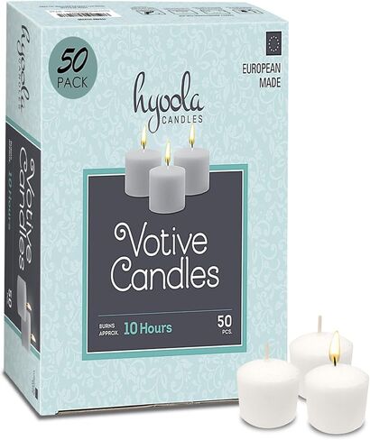 شموع Hyoola Votive - وقت احتراق 10 ساعات - شموع غير معطرة مجموعة Votives - عبوة مكونة من 50 شمعة بيضاء - صناعة أوروبية in Kuwait