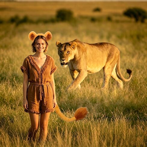 Feacole Lioness Costume Accessory Set, Realistic Lion Cub Ears Headband and Tail Kit for Halloween Christmas Party Cosplay in Saudi Arabia