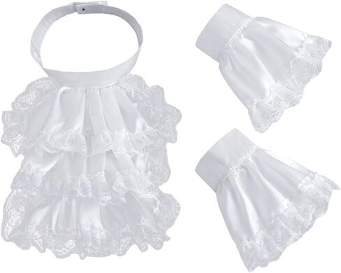 Joyci 3 Pieces White Victorian Lace Jabot Collar Cuffs Set Detachable Neck Ruff Collar Steampunk Elizabethan Colonial Costume in Saudi Arabia