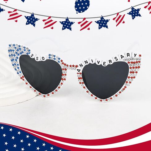 Jaciya 250th Anniversary Heart Sunglasses Patriotic Red White Blue Star Rhinestone Party Decorations 4th of July Eyeglasses in Saudi Arabia