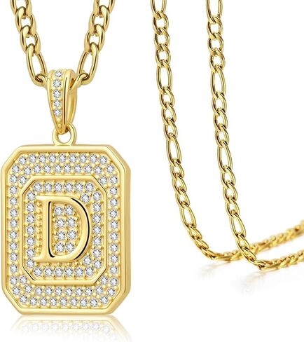 Initial Letter Pendant Necklace for Men Women, 14K/18K Gold Square Monogram Alphabet Pendant Jewelry from A-Z with Figaro Chain, Gifts for Women Men in Saudi Arabia