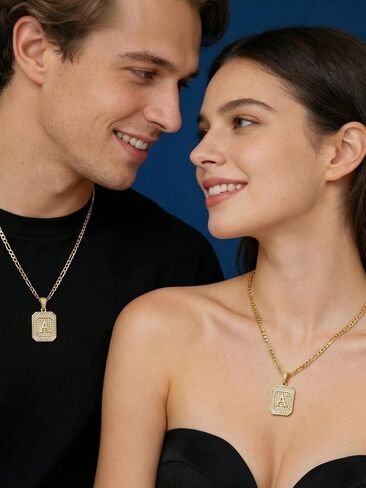 Initial Letter Pendant Necklace for Men Women, 14K/18K Gold Square Monogram Alphabet Pendant Jewelry from A-Z with Figaro Chain, Gifts for Women Men in Saudi Arabia