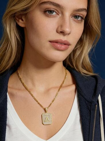 Initial Letter Pendant Necklace for Men Women, 14K/18K Gold Square Monogram Alphabet Pendant Jewelry from A-Z with Figaro Chain, Gifts for Women Men in Saudi Arabia