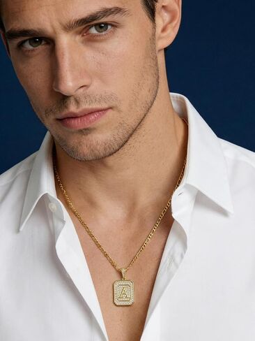 Initial Letter Pendant Necklace for Men Women, 14K/18K Gold Square Monogram Alphabet Pendant Jewelry from A-Z with Figaro Chain, Gifts for Women Men in Saudi Arabia