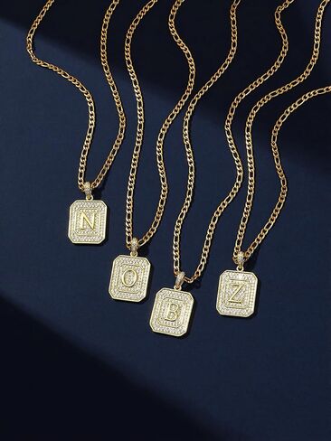 Initial Letter Pendant Necklace for Men Women, 14K/18K Gold Square Monogram Alphabet Pendant Jewelry from A-Z with Figaro Chain, Gifts for Women Men in Saudi Arabia