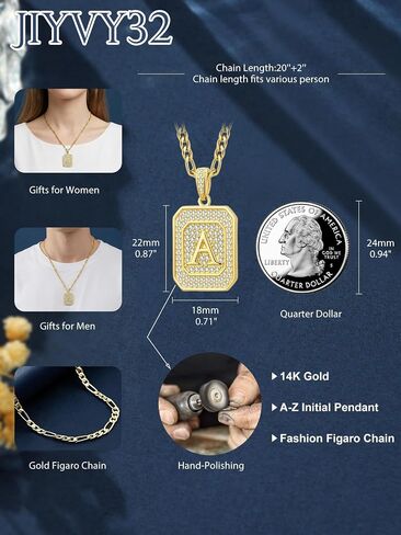 Initial Letter Pendant Necklace for Men Women, 14K/18K Gold Square Monogram Alphabet Pendant Jewelry from A-Z with Figaro Chain, Gifts for Women Men in Saudi Arabia
