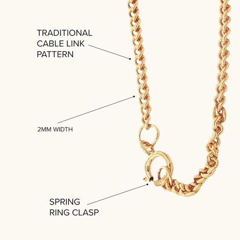 CROSS + CROWN 14K Yellow-Gold Cable Chain Necklace for Women and Men, Traditional Cable Link Pattern, Double-Bonded 14K Yellow-Gold, with Premium Jewelry Box, Handcrafted Jewelry in the USA in Saudi Arabia