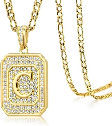 Initial Letter Pendant Necklace for Men Women, 14K/18K Gold Square Monogram Alphabet Pendant Jewelry from A-Z with Figaro Chain, Gifts for Women Men in Saudi Arabia