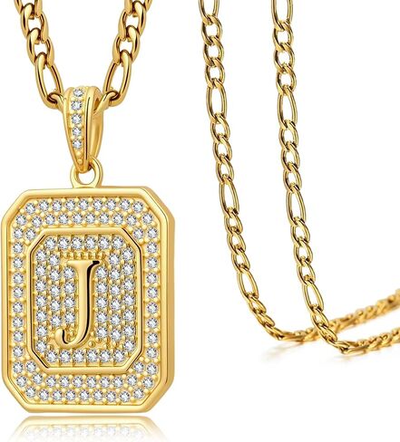 Initial Letter Pendant Necklace for Men Women, 14K/18K Gold Square Monogram Alphabet Pendant Jewelry from A-Z with Figaro Chain, Gifts for Women Men in Saudi Arabia
