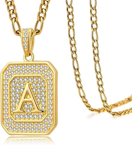 Initial Letter Pendant Necklace for Men Women, 14K/18K Gold Square Monogram Alphabet Pendant Jewelry from A-Z with Figaro Chain, Gifts for Women Men in Saudi Arabia