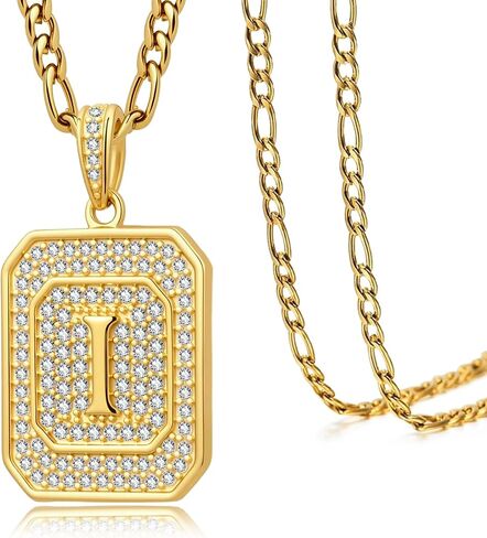 Initial Letter Pendant Necklace for Men Women, 14K/18K Gold Square Monogram Alphabet Pendant Jewelry from A-Z with Figaro Chain, Gifts for Women Men in Saudi Arabia