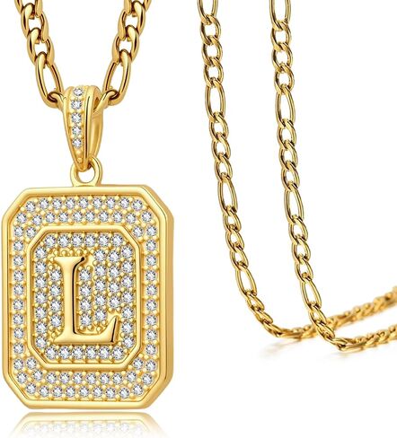 Initial Letter Pendant Necklace for Men Women, 14K/18K Gold Square Monogram Alphabet Pendant Jewelry from A-Z with Figaro Chain, Gifts for Women Men in Saudi Arabia
