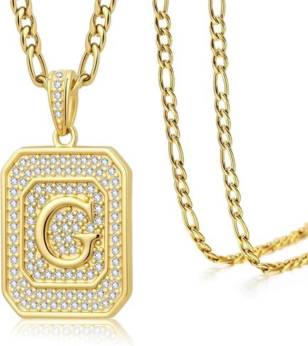 Initial Letter Pendant Necklace for Men Women, 14K/18K Gold Square Monogram Alphabet Pendant Jewelry from A-Z with Figaro Chain, Gifts for Women Men in Saudi Arabia