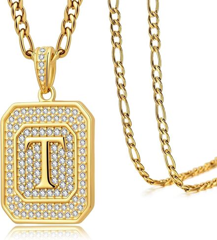 Initial Letter Pendant Necklace for Men Women, 14K/18K Gold Square Monogram Alphabet Pendant Jewelry from A-Z with Figaro Chain, Gifts for Women Men in Saudi Arabia