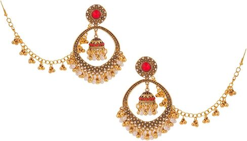 Indian Earrings with Hair Chain for Women, Traditional Bollywood Style Bridal Jewelry, Lightweight Gold-Tone Indian Earrings in Saudi Arabia