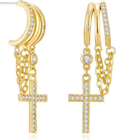 Dainty Dangle Earrings for Women 14k Gold Plated Triple Huggie Hoop Studs with Chain Cute Cross Teardrop CZ Drop Earring Statement Trendy Jewelry in Saudi Arabia