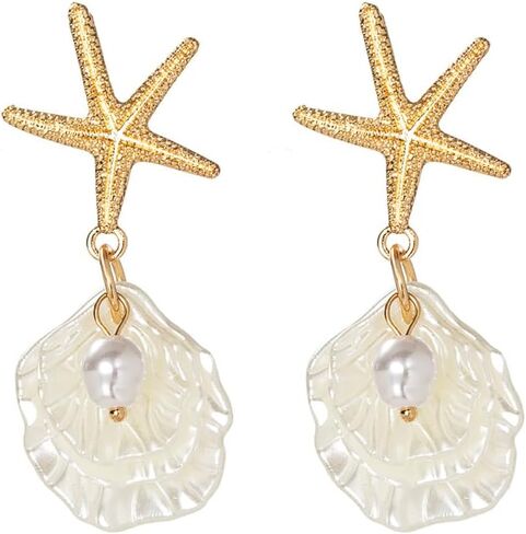 Gold Starfish Shell Earrings for Women 14K Gold Plated Pearl Shell Dangle Earrings Summer Accessories Vacation Outfits Beach Jewelry for Women in Kuwait
