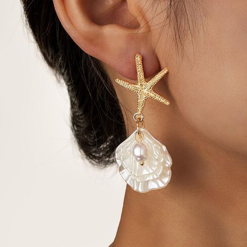 Gold Starfish Shell Earrings for Women 14K Gold Plated Pearl Shell Dangle Earrings Summer Accessories Vacation Outfits Beach Jewelry for Women in Kuwait