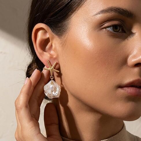 Gold Starfish Shell Earrings for Women 14K Gold Plated Pearl Shell Dangle Earrings Summer Accessories Vacation Outfits Beach Jewelry for Women in Kuwait