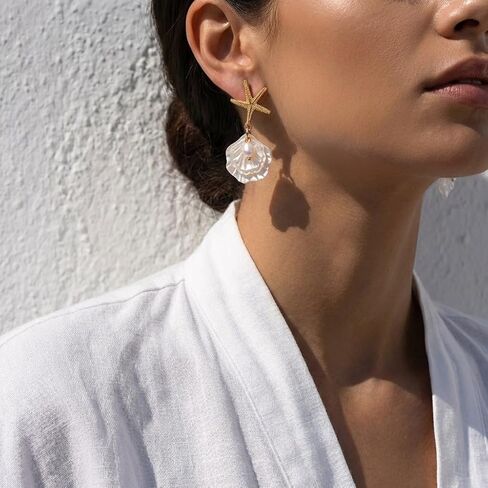 Gold Starfish Shell Earrings for Women 14K Gold Plated Pearl Shell Dangle Earrings Summer Accessories Vacation Outfits Beach Jewelry for Women in Kuwait