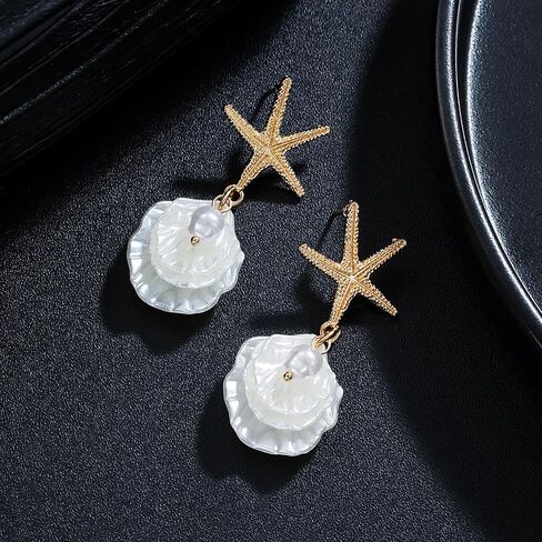 Gold Starfish Shell Earrings for Women 14K Gold Plated Pearl Shell Dangle Earrings Summer Accessories Vacation Outfits Beach Jewelry for Women in Kuwait