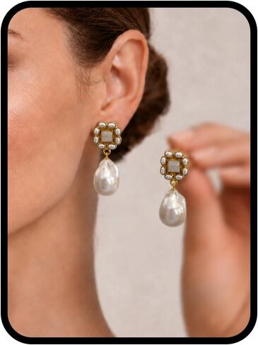 Vintage Flower Pearl Drop Earrings for Women – Gold Statement Dangle Earrings with Green Natural Stone Rectangle Pendant, Baroque Trendy Elegant Jewelry Gift in Saudi Arabia