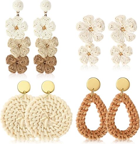 Sumind 4 Pairs Boho Raffia Earrings for Women Flower Round Drop Dangle Woven Earrings Summer Vacation Tropical Beach Natural Handmade Raffia Jewelry Gifts Set Bohemian Accessories in Kuwait