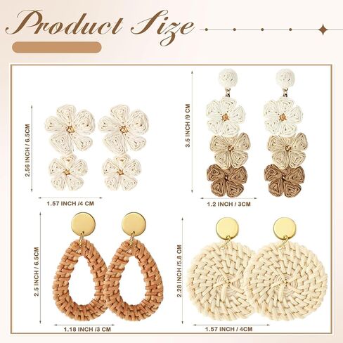 Sumind 4 Pairs Boho Raffia Earrings for Women Flower Round Drop Dangle Woven Earrings Summer Vacation Tropical Beach Natural Handmade Raffia Jewelry Gifts Set Bohemian Accessories in Kuwait