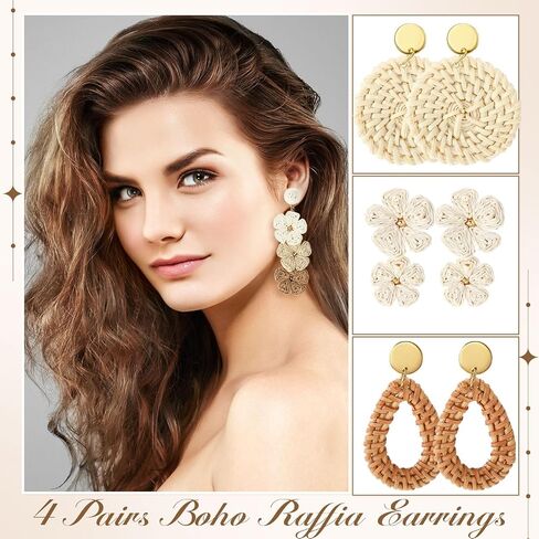 Sumind 4 Pairs Boho Raffia Earrings for Women Flower Round Drop Dangle Woven Earrings Summer Vacation Tropical Beach Natural Handmade Raffia Jewelry Gifts Set Bohemian Accessories in Kuwait