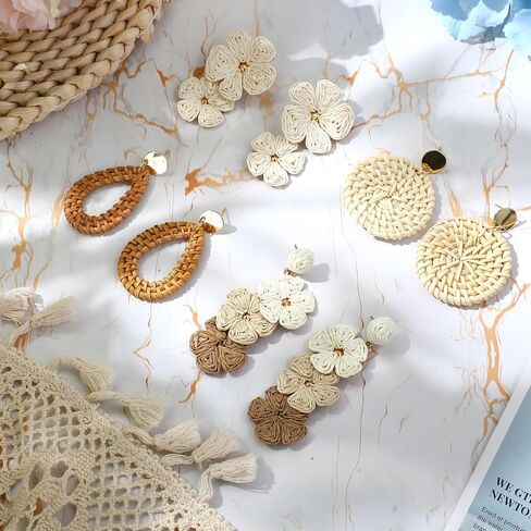 Sumind 4 Pairs Boho Raffia Earrings for Women Flower Round Drop Dangle Woven Earrings Summer Vacation Tropical Beach Natural Handmade Raffia Jewelry Gifts Set Bohemian Accessories in Kuwait
