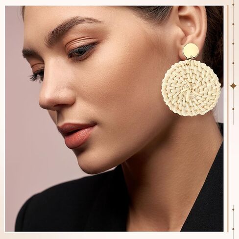 Sumind 4 Pairs Boho Raffia Earrings for Women Flower Round Drop Dangle Woven Earrings Summer Vacation Tropical Beach Natural Handmade Raffia Jewelry Gifts Set Bohemian Accessories in Kuwait