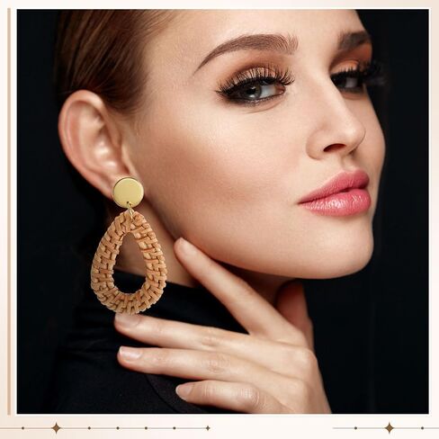 Sumind 4 Pairs Boho Raffia Earrings for Women Flower Round Drop Dangle Woven Earrings Summer Vacation Tropical Beach Natural Handmade Raffia Jewelry Gifts Set Bohemian Accessories in Kuwait