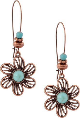 MINACHI Boho Created Turquoise Beaded Antique Copper Tone Floral Flower Dangle Drop Earrings, Vintage Western Tribal Festival Jewelry Gift for Women in Kuwait