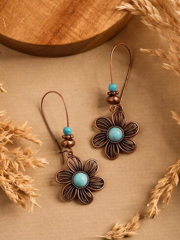MINACHI Boho Created Turquoise Beaded Antique Copper Tone Floral Flower Dangle Drop Earrings, Vintage Western Tribal Festival Jewelry Gift for Women in Kuwait