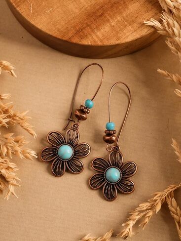 MINACHI Boho Created Turquoise Beaded Antique Copper Tone Floral Flower Dangle Drop Earrings, Vintage Western Tribal Festival Jewelry Gift for Women in Kuwait